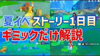 【夏イベストーリー１日目】ギミック解説、迷いそうなところだけ解説　雨降らぬ森から始まる物語・1ページ目　森の住民を助ける　陽夏！悪龍？童話の王国！　シムランカ　ニィロウ　ver4.8　攻略　原神