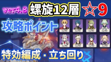 【ver4.8螺旋12層☆9】編成・立ち回りの攻略ポイントを解説　☆4キャラ☆4武器縛り　敵・耐性一覧表で対策　ステータス公開　☆5あり☆9パーティー編成　深境螺旋　攻略　原神　 Genshin